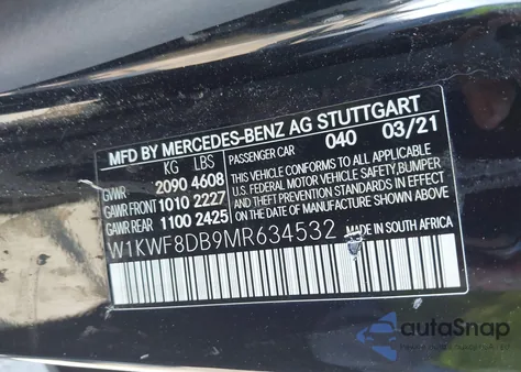 2021 Mercedes-Benz C 300 Sedan из США, поврежденный, VIN W1KWF8DB9MR634532